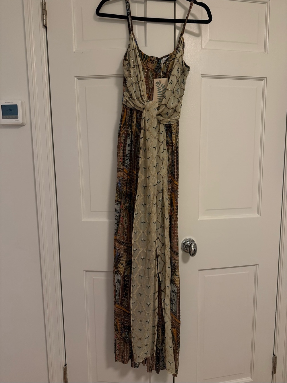 Tie-Front Bohemian Maxi Dress in Beige and Brown